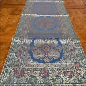 Blue Gold Silk Floral Woven Table Runner
